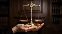 Golden scales of justice floating above open palm in law library with legal books background symbolizing fairness and legal expertise.