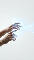 Two hands interacting with glowing digital interface elements and holographic data streams against white background, representing technology innovation.