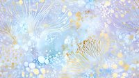 Delicate dandelion seeds floating on soft blue and gold watercolor background with dreamy bokeh lights and splatter texture creates ethereal pattern.