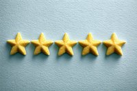 Five golden stars in row on light blue textured background, symbolizing excellence rating, quality service review and customer satisfaction concept.