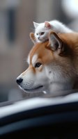 White cat playfully perched on head of calm Akita Inu dog, creating heartwarming moment of unusual animal friendship. Close-up portrait shows gentle interaction.