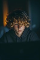 Young male teen with curly ginger hair illuminated by screen light in dark room, wearing hoodie, focused expression showing digital engagement.
