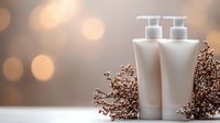 White cosmetic bottles with pump dispensers against blurred golden bokeh background with dried floral elements creating spa atmosphere for beauty product presentation.