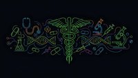 Medical healthcare symbols and icons in neon outline style with caduceus, DNA strands, stethoscope, pills and laboratory equipment on dark background.