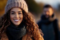 Young woman with curly hair wearing winter knit beanie and scarf smiling outdoors during golden hour sunset, with blurred male figure in background.