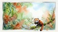 Red panda resting on bamboo branch in lush tropical forest with vibrant autumn foliage and soft watercolor painting style for nature wildlife artwork.