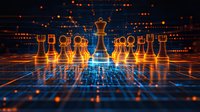 Glowing chess pieces on digital circuit grid with orange and blue light effects, strategic business concept for leadership and technology advancement.