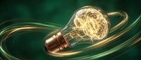 Glowing light bulb with swirling golden filaments surrounded by dynamic energy trails on dark green background for innovation and creativity concepts.