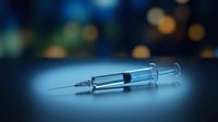 Medical syringe with needle on blue background with bokeh lights for healthcare and vaccination concepts in clinical setting.
