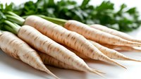 Fresh white parsnips with green tops on white background, organic farm vegetables for healthy cooking and seasonal harvest.