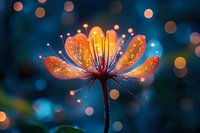 Glowing orange flower petals with magical sparkles against dark blue bokeh background, creating ethereal nature macro photography with dreamy illumination effect.
