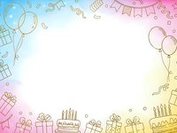 Colorful birthday party frame with balloons, gifts, cakes and confetti on gradient background. Copy space for text in center for celebration designs.