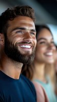 Happy young Caucasian man with beard smiling broadly while woman laughs in background, expressing joy and positive emotions in casual indoor setting.