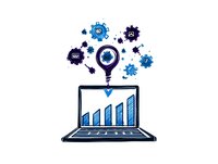 Growing bar chart on laptop screen with lightbulb and blue gears floating above, representing business analytics and innovative solutions for data growth.
