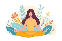 Peaceful young Asian woman in yellow dress practicing meditation surrounded by decorative floral elements and leaves. Perfect for wellness, mindfulness and mental health projects.
