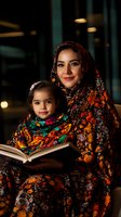Middle Eastern woman in floral hijab reading book with young daughter wearing matching traditional dress, intimate family moment in warm evening light.