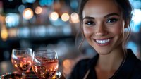 Young mixed race woman smiling with rose wine glass in restaurant setting with blurred bokeh lights background, casual evening dining atmosphere.