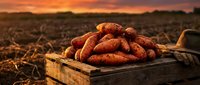 Fresh sweet potatoes in rustic wooden crate on farmland during golden sunset harvest time for organic agriculture and healthy eating concepts.