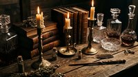 Vintage study desk with lit candles, antique books, crystal decanters, and writing implements arranged on aged surface for literary and academic themes.
