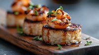 Seared sea scallops topped with grilled shrimp, drizzled with caramelized sauce and fresh herbs served on wooden board, close up view with selective focus.