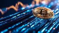 Golden cryptocurrency coin on glowing blue digital background with price chart graph, modern financial technology concept for banking and trading.