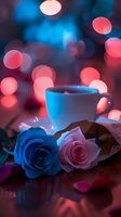 Romantic evening composition with steaming coffee cup, pink and blue roses against blurred bokeh lights background creating dreamy atmosphere.