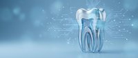 Digital tooth anatomy with glowing neural network connections on blue background for dental technology and healthcare innovation concepts.