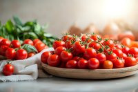 Fresh ripe cherry tomatoes on wooden plate with basil leaves in bright kitchen setting. Organic vegetables for healthy cooking and Mediterranean cuisine.