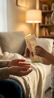 Child giving handmade thank you card to parent in cozy living room with warm lighting and bookshelf background for gratitude and family moments.