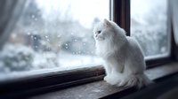 White fluffy cat sitting on windowsill gazing at snowy winter landscape outside. Cozy indoor pet scene perfect for seasonal and home decor projects.
