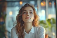 Young caucasian woman with red hair and natural makeup gazing upward in soft window light, wearing white polo shirt. Dreamy atmospheric portrait with bokeh background.