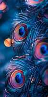 Vibrant peacock feathers in neon blue and coral pink tones with bokeh effect create mesmerizing macro pattern against dark background. Suitable for luxury design projects.