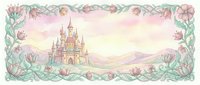 Watercolor fairy tale castle with ornate floral border frame in soft pastel colors on white background for storybook illustration and fantasy design.
