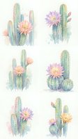 Watercolor cactus collection with blooming flowers in soft pastel colors on white background, botanical desert plants for home decor and design projects.