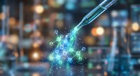 Medical syringe injecting glowing blue liquid with molecular particles and light effects in modern laboratory setting for healthcare research.
