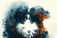 Artistic double exposure silhouette of young romantic couple with nature elements, orange and blue smoke effect. Perfect for relationship blogs, wedding invitations and Valentine designs.