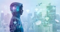 Digital transformation concept with businessman silhouette and smart city technology network connectivity icons overlay on urban skyline background.
