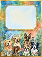 Watercolor dog breeds frame with golden retriever, german shepherd, border collie, dachshund and boston terrier surrounded by floral elements and blank space.