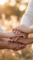 Diverse group of people stacking hands together in warm golden sunlight showing teamwork, unity and collaboration in outdoor setting.