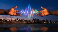 Two hands reaching toward glowing sound wave visualization above city skyline at dusk. Digital communication concept for technology and connection themes.