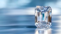 Sparkling emerald cut diamond on reflective blue surface with dramatic lighting and shadow effects, showcasing luxury jewelry craftsmanship and precision cutting.