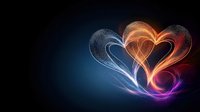 Glowing intertwined hearts created with light trails and energy effects on dark background, featuring blue, orange and purple colors. Romantic abstract design.