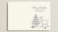 Merry Christmas greeting card with hand-drawn reindeer and evergreen tree on cream background, ideal for holiday cards and seasonal designs.