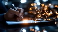 Hand holding pen writing on glowing paper with golden light effects and bokeh background for business planning and creative inspiration concepts.