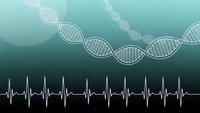 DNA double helix structure with heartbeat rhythm pattern on gradient teal background for medical genetics research and biotechnology concepts.