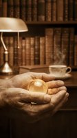 Male hands holding golden crystal ball in library setting with lamp and books, symbolizing fortune telling, wisdom, and mystical knowledge for divination concepts.