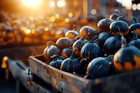 Fresh blue pumpkins in rustic wooden crate at sunset with golden bokeh lights, autumn harvest mood for seasonal decoration and Halloween celebration.