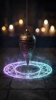 Ornate bronze pendulum suspended over glowing mystical circle with intricate patterns on dark surface with warm bokeh lights creating magical atmosphere.