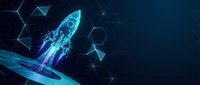 Glowing wireframe rocket launching upward on dark blue digital background with geometric hexagon shapes, symbolizing startup growth and technology innovation.