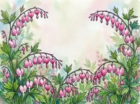 Watercolor bleeding heart flowers framing a soft pastel background, pink Lamprocapnos blooms with green foliage, copy space for text.